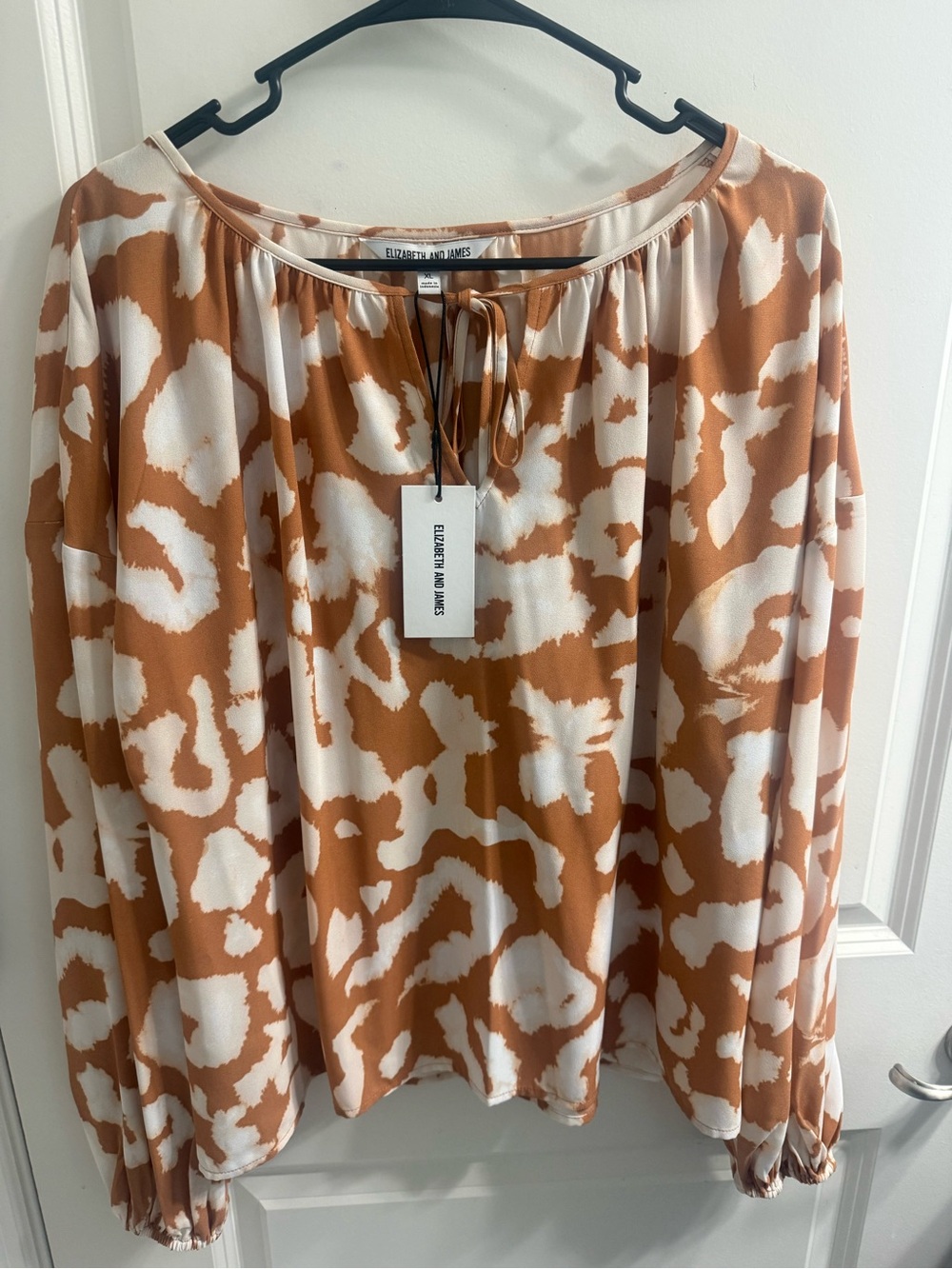 Elizabeth and James Cream & Brown Tie-Neck Blouse